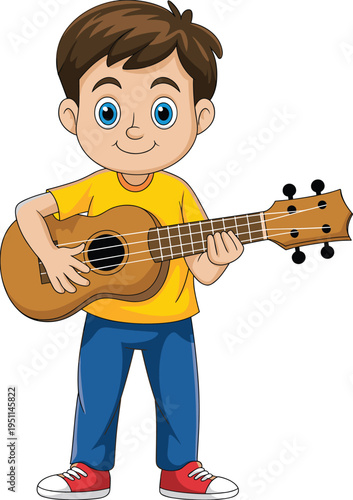 Cartoon boy playing guitar, cheerful child musician, acoustic instrument performance, music learning, happy kid character, colorful vector illustration for education, entertainment