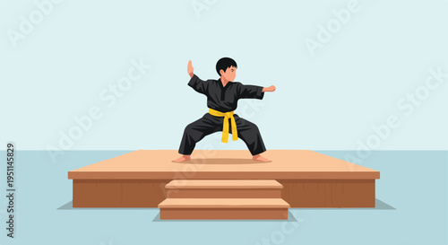 A person in a black martial arts uniform with a yellow belt practices a pose on a wooden platform