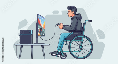 Person in wheelchair enjoying a racing video game on a computer