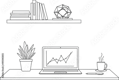 Laptop displaying upward trending stock market graph sits on a clean desk beside a potted plant and steaming beverage.
