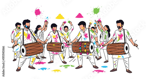 Festive Holi celebration with people playing drums and throwing colorful powders