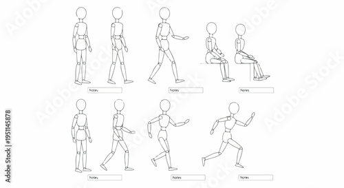 Set of 9 Human Figure Poses Line Art Vector Illustration