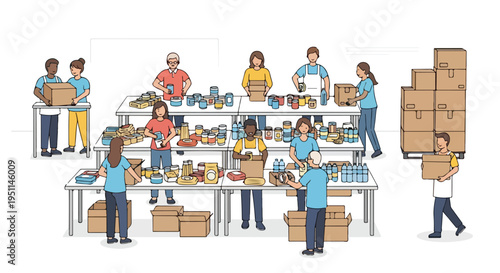 Volunteers organize donated items, packing food into boxes for distribution