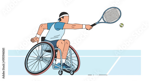 A stylized illustration shows a person in a wheelchair playing tennis