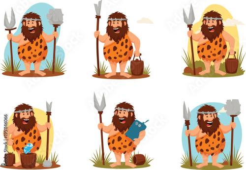Cartoon caveman character with spear and stone tools, prehistoric man in animal skin, funny primitive lifestyle vector illustration for history design
