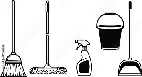 Cleaning supplies including a mop, broom, bucket, spray bottle, and dustpan are displayed as isolated black and white.
