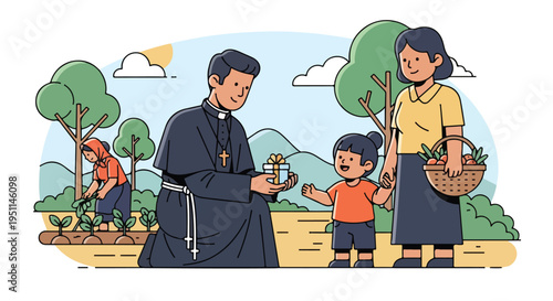 A cleric gifts a child a present while a woman with fruit and a farmer work nearby