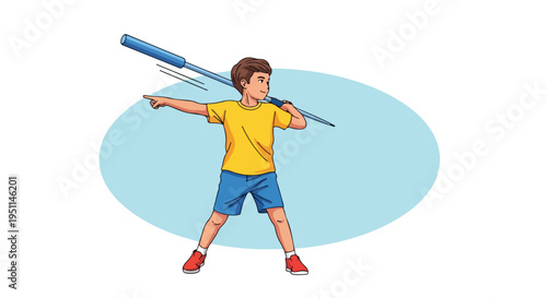Young boy in yellow shirt and blue shorts throwing a javelin