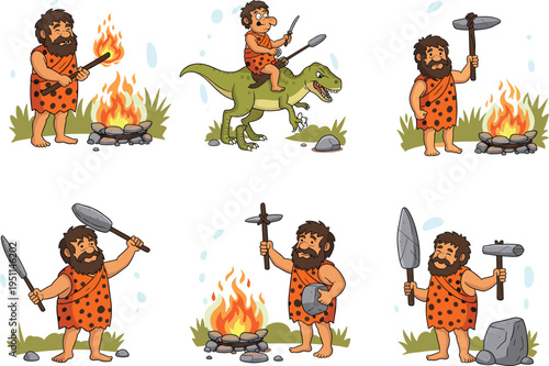 Cartoon caveman with fire, stone tools and dinosaur, prehistoric man cooking and hunting, funny primitive lifestyle vector illustration for history and fantasy design