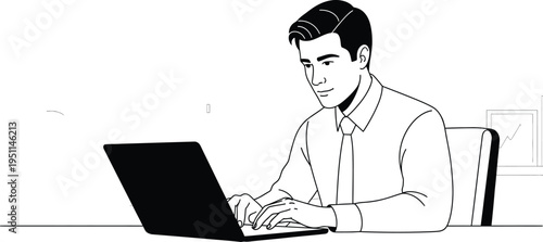 Professional young man in business attire concentrates while typing on a modern laptop computer at an office desk.
