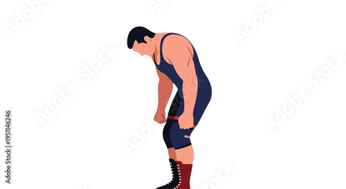 A man in a wrestling singlet and knee brace standing with his head down.
