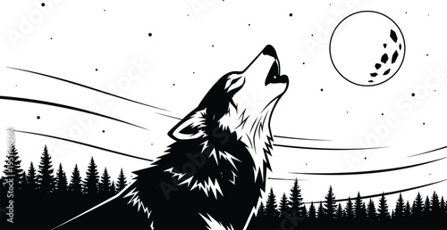 A wild wolf howls intensely at a large full moon against a dark, starry night sky above a dense forest silhouette.