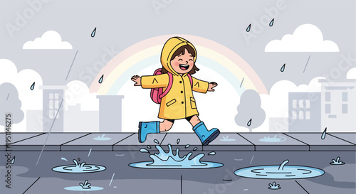 Joyful child in yellow raincoat splashes through puddles on a rainy day