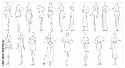 Fashion illustration sketches of 19 female models, hand drawn croquis set in EPS format, minimalist line art of elegant evening dresses and gowns