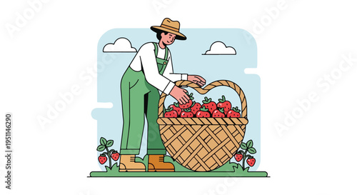 Farmer wearing a hat and overalls, gathering strawberries into a basket