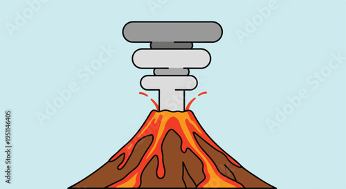 Stylized volcano erupting with molten lava and smoke against a light blue background