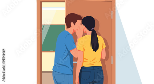 A boy whispers a secret to a girl in a hallway, near a classroom door