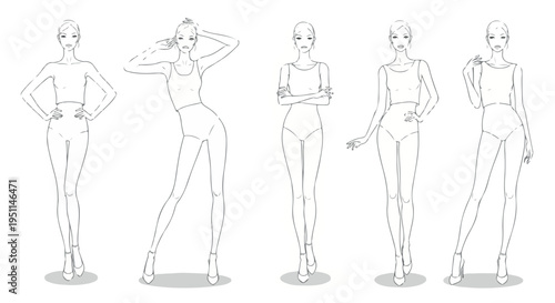 Female fashion croquis template set with various body types and poses
