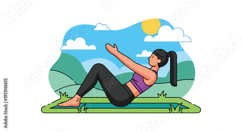 Woman doing abdominal crunches outdoors on a yoga mat with rolling hills and sun