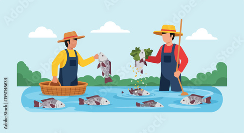 Wallpaper Mural Two farmers tending to fish in a body of water with trees and clouds in background Torontodigital.ca