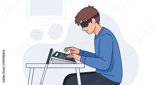 Wallpaper Mural Person wearing blindfold uses Braille device at a table with a cane nearby Torontodigital.ca