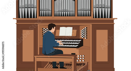 Man in a blue suit plays a large pipe organ with multiple keyboards and stops