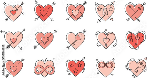 Cute hand drawn heart icons collection with arrows, keys, locks and infinity symbols, romantic Valentine love elements set for wedding invitations, greeting cards, stickers, and decorative designs