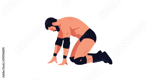 Man in orange shirt and black shorts kneeling on one knee with hands on ground.