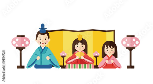 Traditional Japanese dolls displayed with lanterns and a folding screen