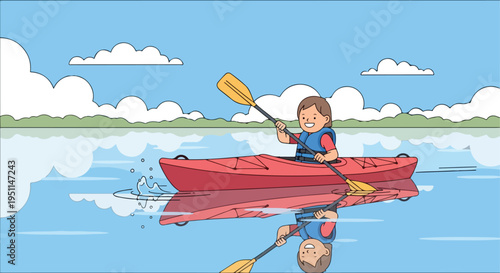 Wallpaper Mural Smiling child kayaks on a calm lake under a bright sky with clouds Torontodigital.ca