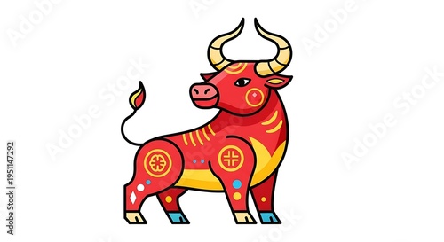 A stylized cartoon illustration of a red bull with yellow accents, adorned with decorative patterns. Set against a white background
