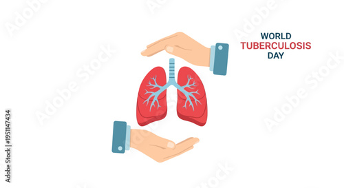 World Tuberculosis Day illustration of hands cradling lungs with a trachea, promoting TB awareness and healthcare