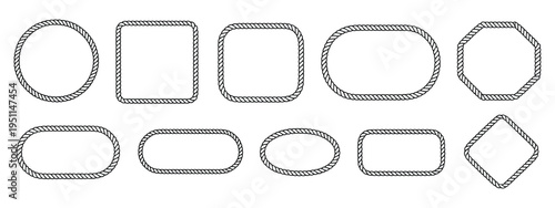 Rope frames, versatile collection of geometric border shapes such as round, oval, and square, isolated vector elements on white background