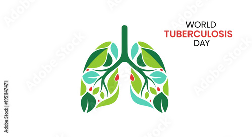 World Tuberculosis Day awareness campaign illustration with lungs made of leaves and icons on a white background