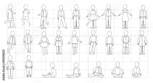 Set of 29 Outline Children Silhouettes Vector