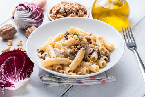 Tortiglioni con gorgonzola, radicchio e noci, pasta Italiana 