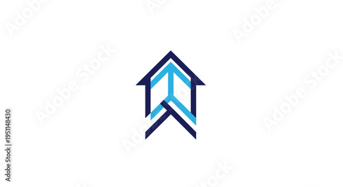 A futuristic blue and dark blue abstract arrow logo rises upwards.