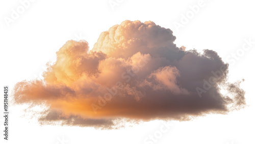 Dramatic cumulus cloud formation with warm golden and soft grey hues, isolated PNG on transparent background, perfect for weather and sky compositions