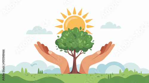 Hands cradling a lush green tree under a bright sun symbolizing environmental protection and growth perfect for eco-friendly concepts and nature conservation
