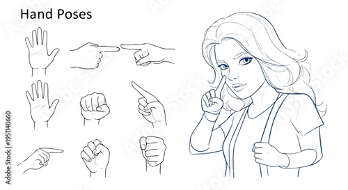 Set of 9 Hand Poses and Female Character Sketch Vector