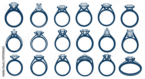 Collection of Diamond Engagement Rings, Various Styles, Vector Icons