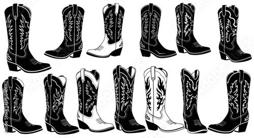 Cowboy Boots Collection: Black and White Silhouettes of Western Footwear