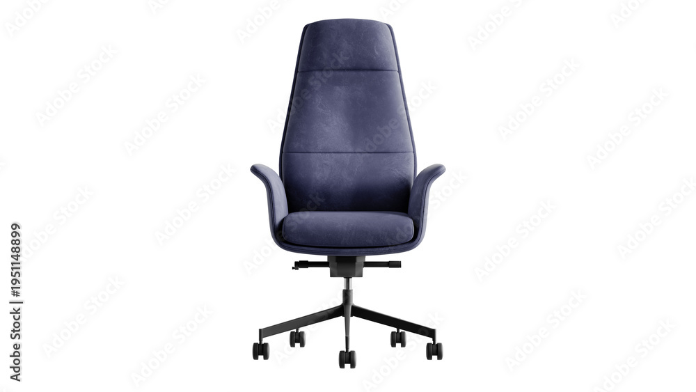 Fototapeta premium Modern office armchair in blue leather. Isolated front view on transparent PNG background. 