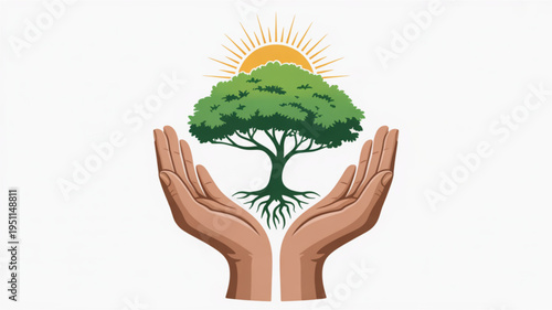 Hands holding a green tree with roots and sun rays symbolizing growth nature and environmental protection isolated on white background
