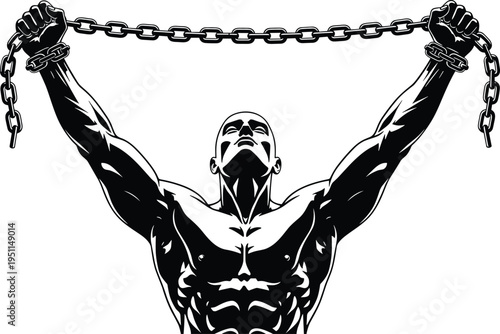 Strong man breaking chains symbol freedom power resistance strength determination human liberation concept black white vector illustration design