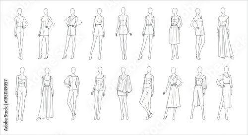 Set of 20 Female Fashion Figure Outline Line Art Vector Illustrations
