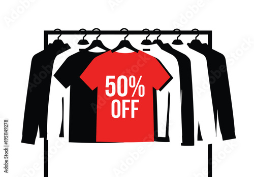 Minimalist vector illustration of a black clothing rack with various black and white shirts, featuring a prominent red t-shirt with "50% OFF" text, ideal for retail sales and discount promotions.