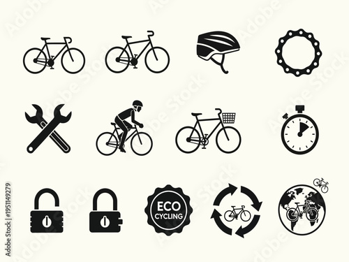 Set of 12 black and white flat vector cycling icons featuring bicycles, helmet, tools, and eco-friendly symbols for web and app design
