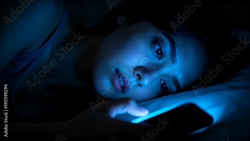 Awake in the Dark A young woman's face is illuminated by the harsh blue light of her phone, reflecting late-night screen use and its impact on rest