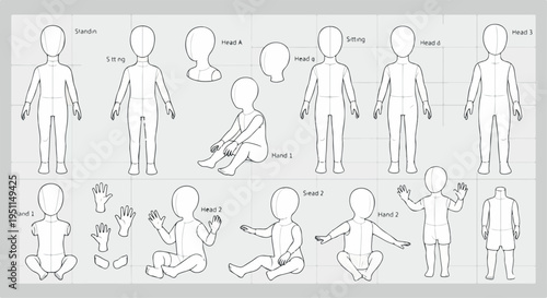 Child Character Drawing Guide with Various Poses and Body Types